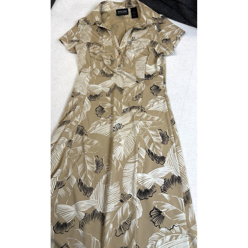 New York & Company Dress XS Tan Floral Leaf Short Sleeve Collared Midi - Picture 7 of 10